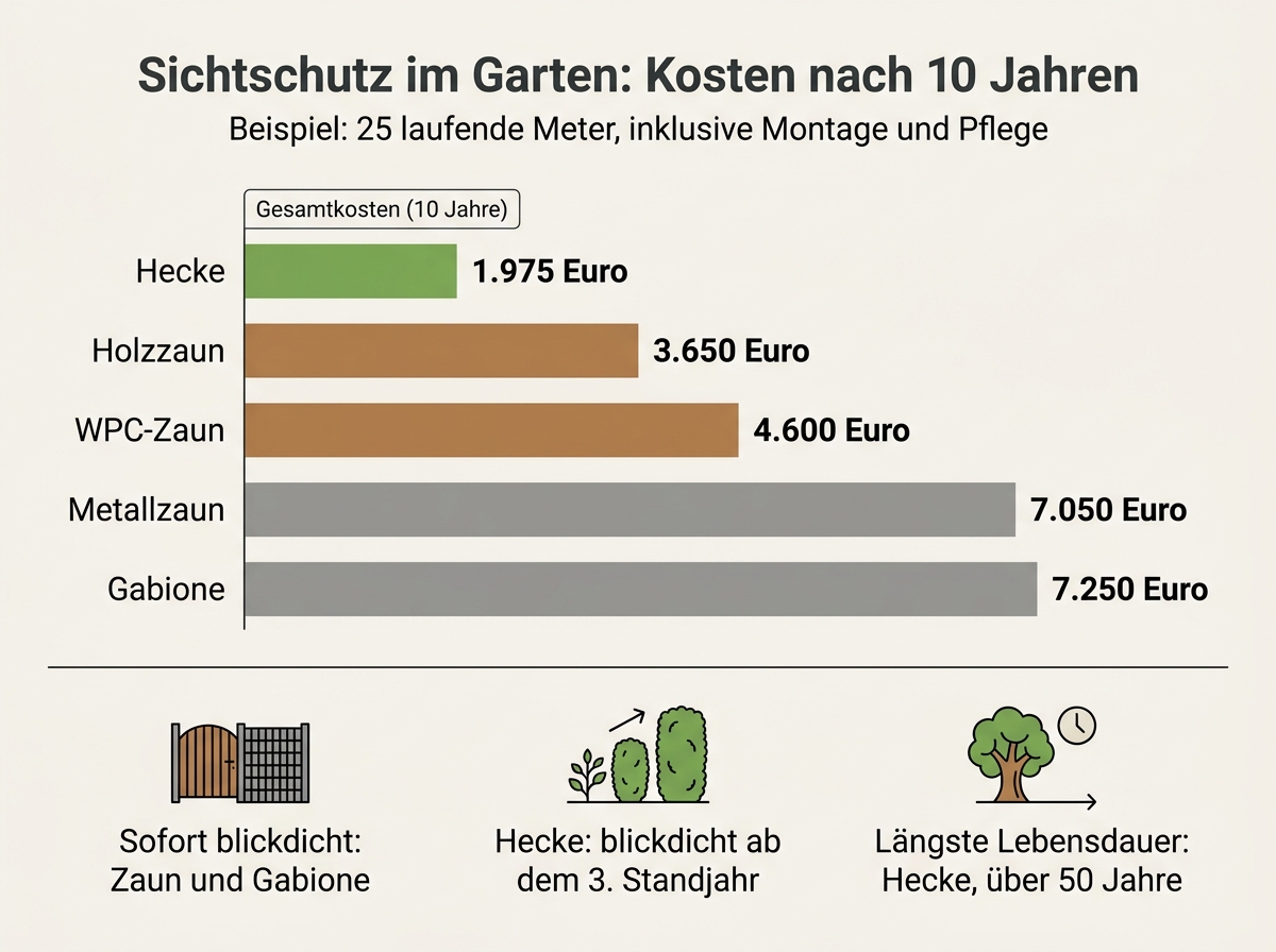 Infografik mit dem Kostenvergleich von Sichtschutzzaun, Hecke und Gabione über zehn Jahre