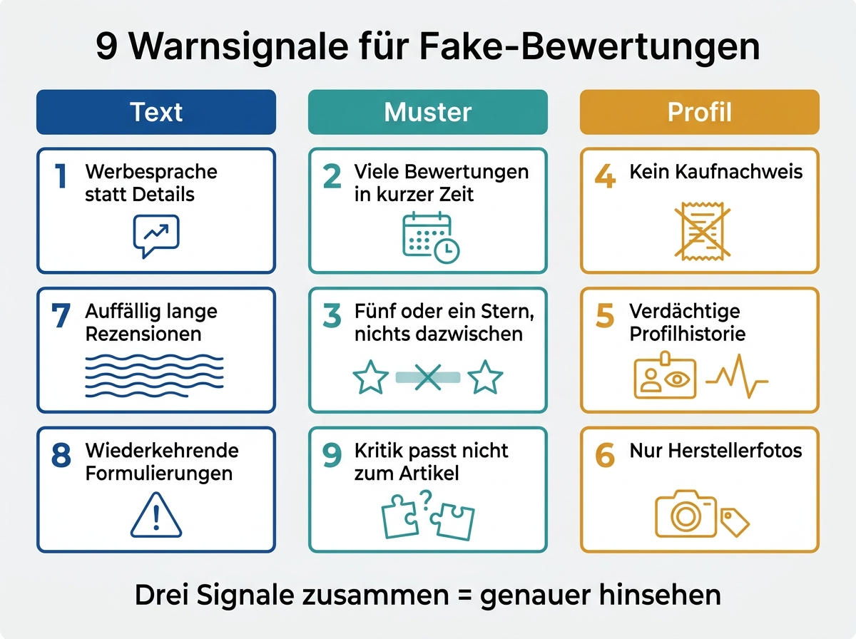 Infografik mit neun Warnsignalen für gefälschte Bewertungen im Überblick