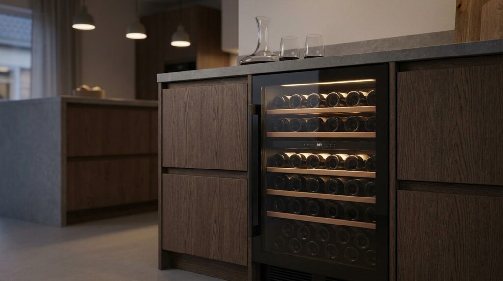 Weinkühlschrank mit Glastür unterbaufähig in eine moderne Küchenzeile eingebaut