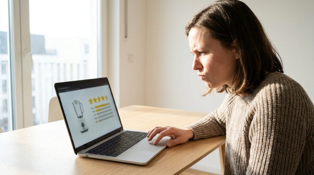 Kundin prüft am Laptop die Sterne-Bewertungen eines Produkts im Onlineshop