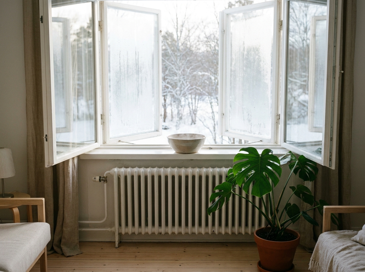 Stoßlüften am Fenster im Winter mit Wasserschale auf der Heizung